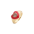 Anillo de corazón bañado en oro con esmalte rojo y piedra de circonita cúbica - Abierto Ajustable / Rojo