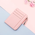 Slim pink lychee grain leather card holder with zipper and three slots for women - Pink