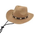 Hellbrauner Panama Strohhut mit schwarzem Lederband, Silbernieten und winddichtem Seil - Khaki