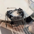 Y2K punk layered black leather and metal bracelet featuring cross and heart charms - Maillard Embossed Black Leather Bracelet
