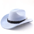 Détail du chapeau de cowboy bleu clair en suédine avec ruban tressé en cuir noir - M (56-58cm) / Bleu ciel clair