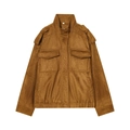 Brown faux suede jacket with stand collar and shoulder epaulets on a white background - S / Chocolate