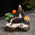 Zen backflow incense burner with resin mountain landscape, pine tree and bridge detail - 8: Fisherman's Dwelling