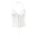 Detail shot of white satin corset top showing lace-up front and hook-and-eye closure - S / White