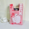 Pink knit tote bag with white cartoon duck jacquard pattern and DUCK lettered strap - Flower Swan Pink