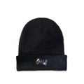 Detail of black knit beanie with colorful SMILE embroidery and rainbow star patterns - M (56-58cm) / Black