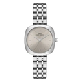 Detailed view of the square silver dial with sunray texture and metal link strap - Silver Steel with Grey Dial