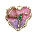 Heart-shaped pink rose enamel pendant with gold trim and a small pearl accent - Pink-Purple Gold-Sprinkled Heart Rose-24430