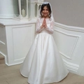 Vestido de niña de flores en encaje blanco y satén con velo a juego para bodas solemnes - 80cm / Marfil