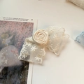 Elegant cream white lace and satin rose hair accessory with vintage floral design - Lace Bow Rose Hair Accessory / Beige