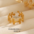 18K gold plated ginkgo leaf stainless steel open ring on a textured fabric background - Natural Leaf Branch Style (1035)