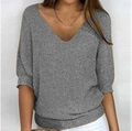 Damen V-Ausschnitt Strickpullover in Mittelgrau mit Fledermausärmeln und Rippstrickdetails - 3XL / Oberteil (V-Ausschnitt) / Grau
