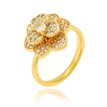 Macro shot of gold floral ring with layered petals and shimmering crystal stones - Adjustable Open / Multi-layer Large Flower Style (J1501-G)