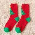 Thick red coral fleece Christmas socks featuring green tree patterns for winter warmth - One Size / Christmas Tree