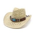 Hollow straw cowboy hat with turquoise bead band on a clean white background - M (56-58cm) / Beige