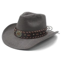 Classic wide brim grey straw cowboy hat with brown leather band and metal buckle - Black and Gray
