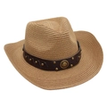 Detailed close-up of a woven straw western cowboy hat featuring a studded leather band - Khaki