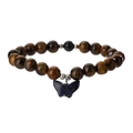 Agate tiger eye beaded bracelet with blue goldstone butterfly charm on white background - Yellow Tiger Eye + Blue Sand Stone