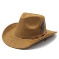 Detail of a brown suede cowboy hat featuring a spotted feather and curled brim - M (56-59cm) / Khaki