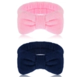 Set di fasce in pile di corallo rosa e blu navy per il lavaggio del viso e spa - Fiocco Rosa e Nero (186#)