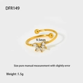 Detail view of 9.5mm clover-shaped 18K gold-plated ring with crystal inlay and weight specs - DFR149 Gold Clover Zirconia Open