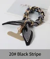 Short phone wrist strap featuring black and white striped silk scarf and gold chain - 20# Black Stripes