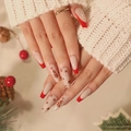 Christmas coffin press-on nails with red French tips and gingerbread man nail art - Christmas Tree Red French Style (JP1888)