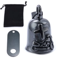 Polished black stainless steel motorcycle guardian bell with cross and cruiser relief - Black Set 2 (Includes Pouch + Tag)