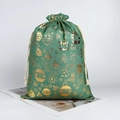 Green cotton Christmas gift bag with golden festive patterns and drawstring closure - Green Christmas Ball