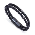 Men's double-layer bracelet with black braided leather and natural volcanic lava stones - Lava Stone-19CM