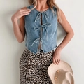 Fashionable light blue washed denim vest for women with three front bow tie-up closures - L / Light Blue