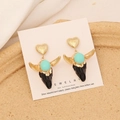 Vintage bull head drop earrings with golden heart stud and turquoise stone inlay - Light Blue Bead Black Enamel Bull Style (11#)