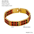 Close-up of 18k gold-plated stainless steel bracelet with double-row natural stone beads - Gold With Black and Red Stones
