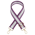Adjustable purple and silver striped bag strap with gold lobster clasps on white background - Purple