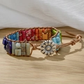 Bohemian multicolored stone wrap bracelet with brown leather and floral metal button - Mixed Color Patchwork Beads/Metal Sunflower
