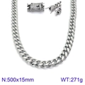 Silver stainless steel Cuban link necklace with rhinestone clasp, 500x15mm, 271g - Silver Cuban Link Necklace Rhinestone Clasp 500x15mm(KN93826-Z)