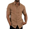 Detail of khaki linen short sleeve shirt for men with classic collar and button-down style - Khaki