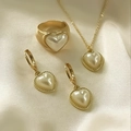 Elegant gold-trimmed heart jewelry set with cream pearl centers on white silk background - Cream Heart Set (Necklace+Ring+Earrings) / Gold/White