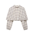 Plaid long sleeve crop top with turtleneck and layered design in purple and beige - XS / As Shown
