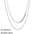 Silver stainless steel flat snake chain and box chain necklace set in 400mm and 500mm - Silver Flat Box Layering Chain (KN232354-Z)