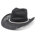 Sombrero vaquero de paja tejida negra con elegante adorno de perlas blancas para mujer - M(56-58cm) / Negro