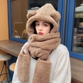 Plush 3-in-1 winter hat scarf and gloves set with cute bear ears in warm brown - Bear 3-piece Set - Coffee