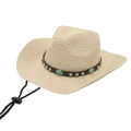 Close-up of woven straw cowboy hat with leather band, turquoise beads and wind rope - One Size / Beige (Turquoise)