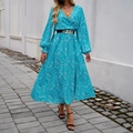 Elegant turquoise V-neck floral long sleeve dress with waist belt and professional outdoor styling - S / Blue