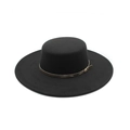 Classic black flat top wide brim wool hat with stylish belt buckle detail for men and women - M(56-58cm) / Black