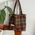 Bolso tote de lana a cuadros marrones con diseño tejido y asas superiores - Hombro (Grande) / Cuadros Marrones