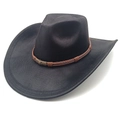 Close-up of black suede cowboy hat with brown leather band and vintage bronze skull buckle - M(56-58cm) / Striped Black