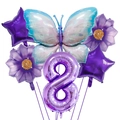 Purple number 8 foil balloon set with blue butterfly and flower party decorations - Number 8 / Purple