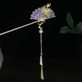 Traditioneller chinesischer Haarstab mit lila Fächer, Goldblumen und langen Perlenquasten - Lila Fächer Goldblume Perle Quaste (0473)
