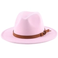 Pink wool felt fedora hat for men and women featuring a brown suede belt with gold buckle - Pink